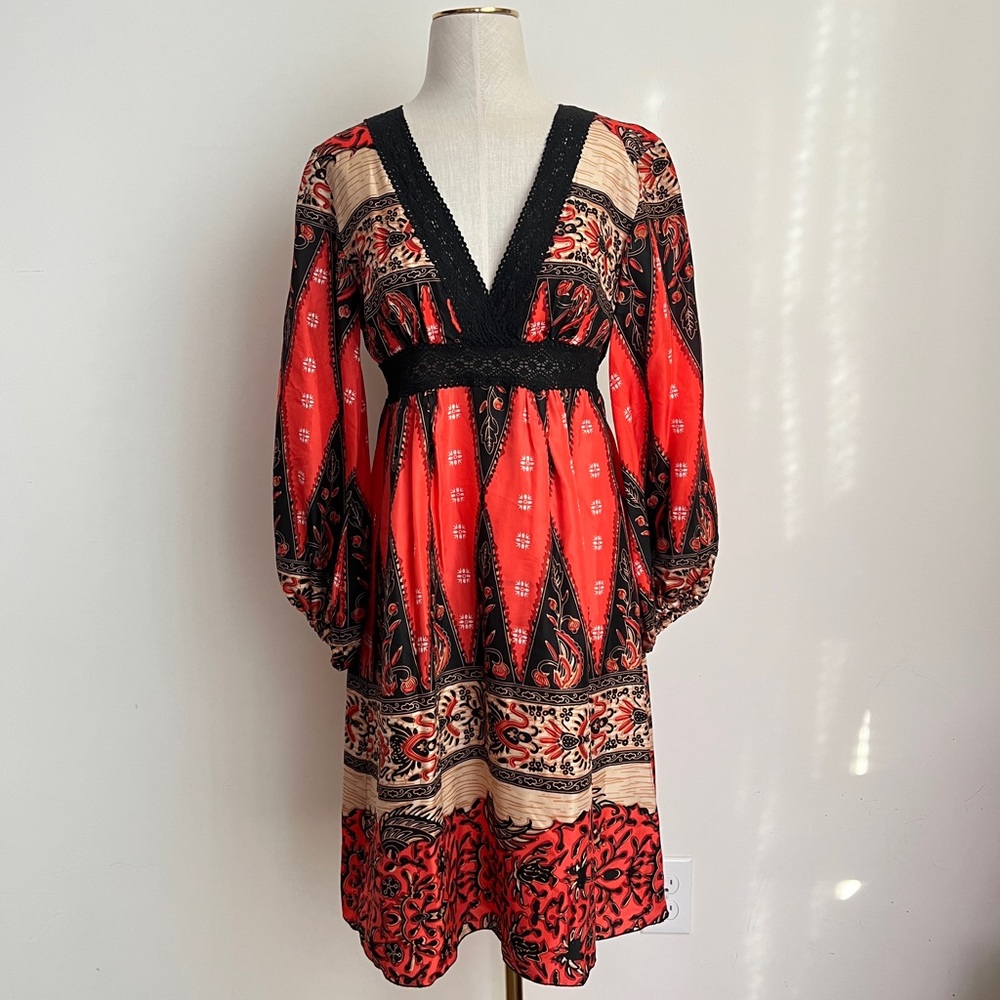 Manoush Inca D Silk Scarf Print and Crochet Dress with Billowy Sleeves Size 38